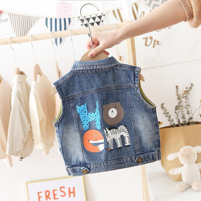 Dječja jesenska odjeća Crtani jeans prsluk Prsluk za malu djecu Prsluk s gumbima S džepnim ovratnikom bez rukava Prsluci za dječake Traper jakna
