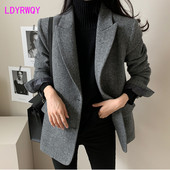 Korejski jesenski vintage polo ovratnik s dva gumba široki vuneni kaput s uzorkom riblje kosti dugih rukava