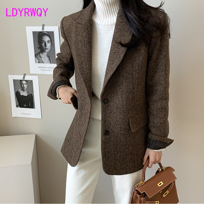 Coreeană de toamnă vintage guler polo cu doi nasturi largi cu mâneci lungi model din lână costum haină femei