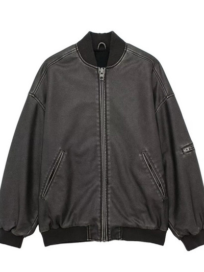 2023 pentru femei, piele spălată, cu gât rotund, mâneci lungi, jachetă largi, cu fermoar, haină scurtă, bomber din piele artificială, haină PU Top