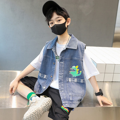 Vestă de blugi pentru băieți, cu desene animate, 4-12 ani, îmbrăcăminte pentru copii, primăvară, vară, vestă de jeans, jachetă fără mâneci, îmbrăcăminte exterioară, vestă pentru băieți, topuri