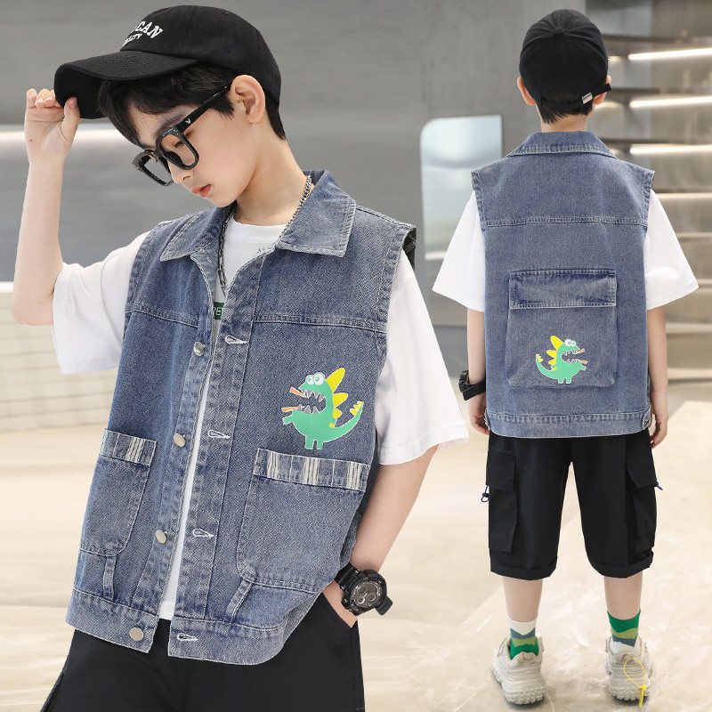 Vestă de blugi pentru băieți, cu desene animate, 4-12 ani, îmbrăcăminte pentru copii, primăvară, vară, vestă de jeans, jachetă fără mâneci, îmbrăcăminte exterioară, vestă pentru băieți, topuri