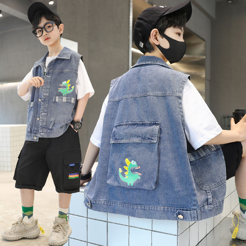 Vestă de blugi pentru băieți, cu desene animate, 4-12 ani, îmbrăcăminte pentru copii, primăvară, vară, vestă de jeans, jachetă fără mâneci, îmbrăcăminte exterioară, vestă pentru băieți, topuri