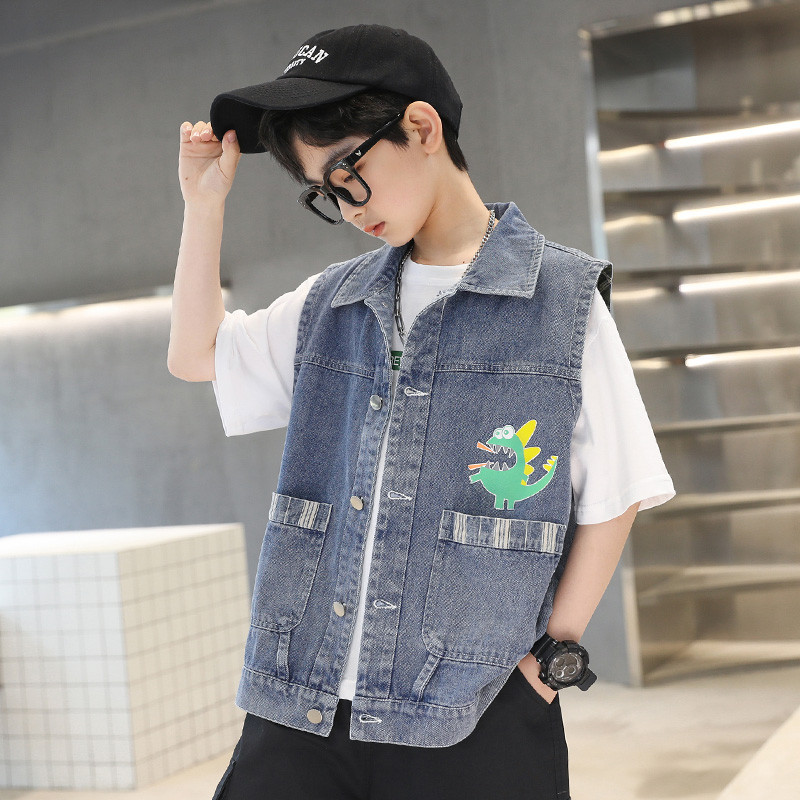 Vestă de blugi pentru băieți, cu desene animate, 4-12 ani, îmbrăcăminte pentru copii, primăvară, vară, vestă de jeans, jachetă fără mâneci, îmbrăcăminte exterioară, vestă pentru băieți, topuri