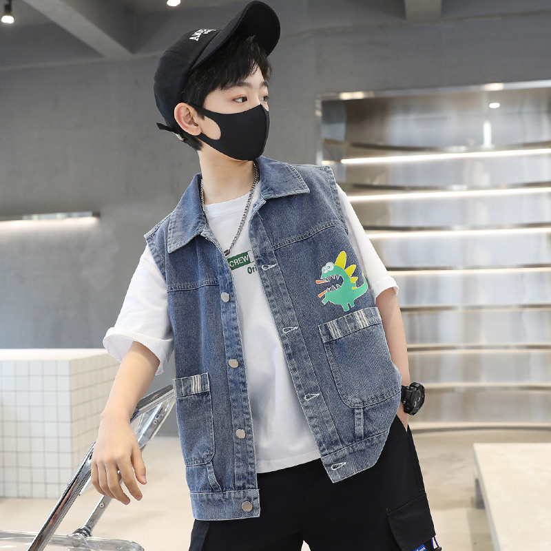 Vestă de blugi pentru băieți, cu desene animate, 4-12 ani, îmbrăcăminte pentru copii, primăvară, vară, vestă de jeans, jachetă fără mâneci, îmbrăcăminte exterioară, vestă pentru băieți, topuri