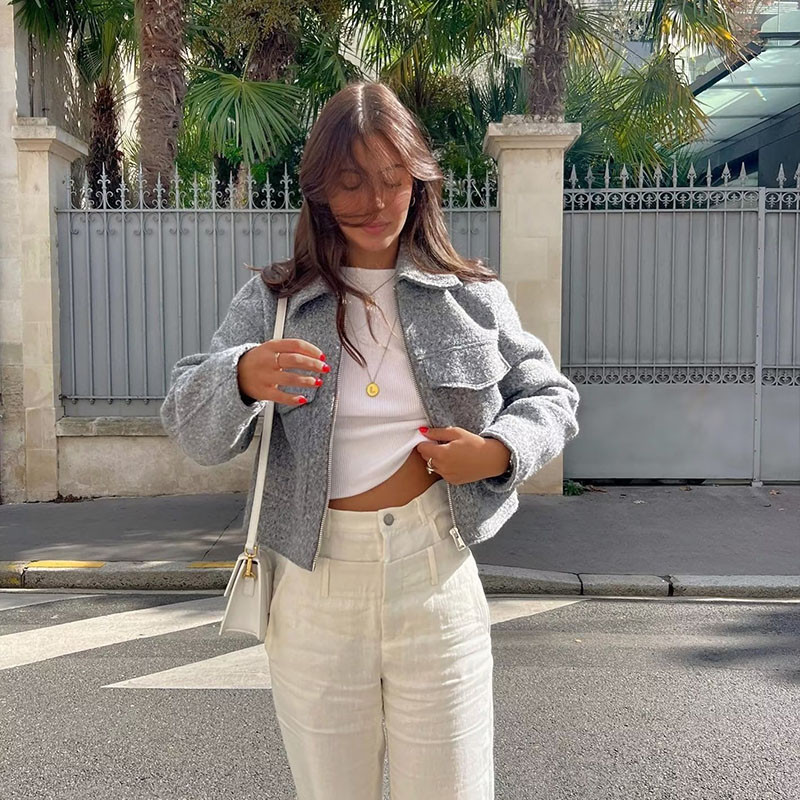 Zimski ženski kaput 2023. Novi ležerni dugi rukavi kratkih džepova i patentni zatvarač Kratka gornja jakna od tvida Kaput Sivi gornji dio