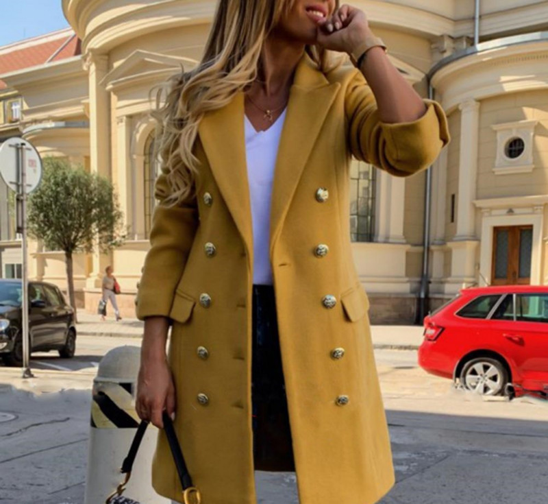 Novo2023 Vuneni kaput dugih rukava za žene Jesen Zima Jednobojni topli debeli ovratnik s dvostrukim kopčanjem Gornja odjeća za žene