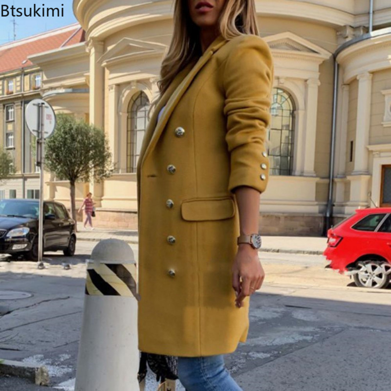 Novo2023 Vuneni kaput dugih rukava za žene Jesen Zima Jednobojni topli debeli ovratnik s dvostrukim kopčanjem Gornja odjeća za žene