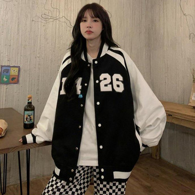 Jachetă bomber supradimensionată pentru femei Jachete de baseball varsity Y2k Jachetă de baseball Harajuku retro americană Streetwear