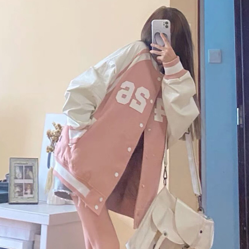 Jachetă bomber supradimensionată pentru femei Jachete de baseball varsity Y2k Jachetă de baseball Harajuku retro americană Streetwear