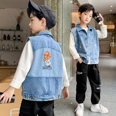 Poiste rõivad Multikad Tikandid Jean Vest Väikelapse Boy Denim Vest Varrukateta Alla keeratav krae Beebi poiste mantlid 2–12 aastat
