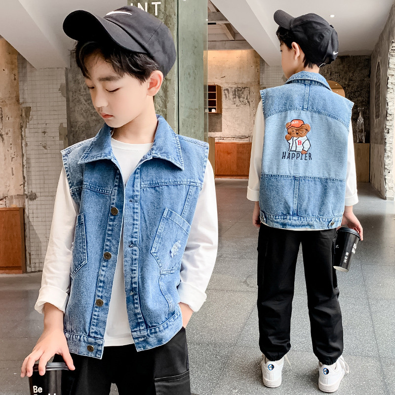 Odjeća za dječake Jean prsluk s vezom iz crtanih filmova Denim prsluk za male dječake bez rukava na spušteni ovratnik Kaputi za dječake 2-12 godina