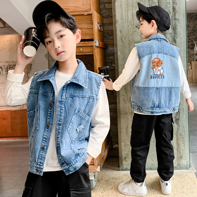 Odjeća za dječake Jean prsluk s vezom iz crtanih filmova Denim prsluk za male dječake bez rukava na spušteni ovratnik Kaputi za dječake 2-12 godina