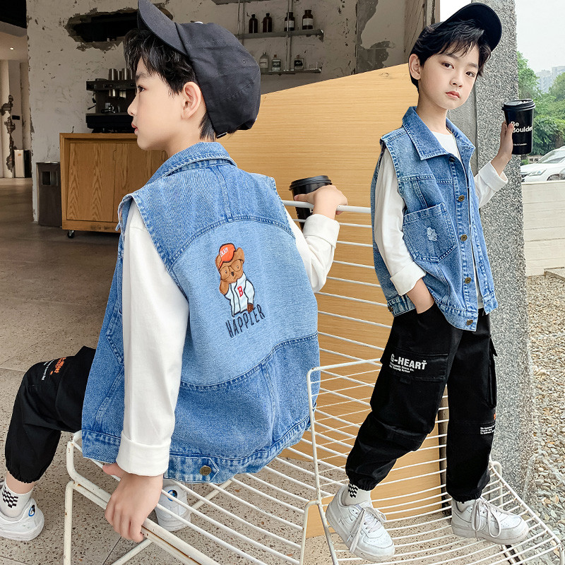 Odjeća za dječake Jean prsluk s vezom iz crtanih filmova Denim prsluk za male dječake bez rukava na spušteni ovratnik Kaputi za dječake 2-12 godina