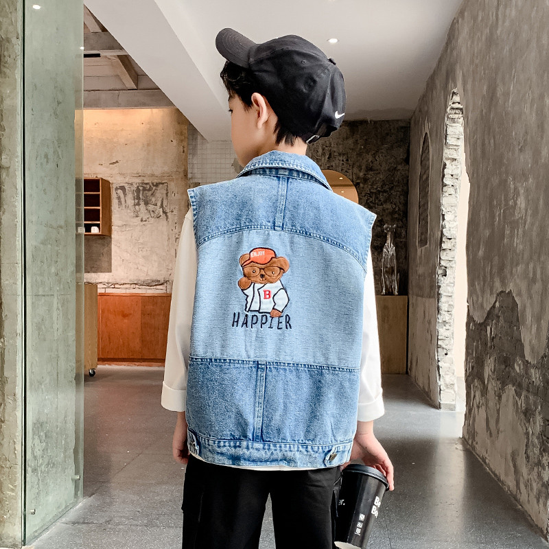 Odjeća za dječake Jean prsluk s vezom iz crtanih filmova Denim prsluk za male dječake bez rukava na spušteni ovratnik Kaputi za dječake 2-12 godina