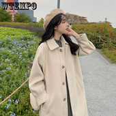 Vuneni kaput srednje dužine Ženski jednoredni široki kaputi s kopčanjem Debeli topli top u jesen i zimu Femme ležerne vintage jakne