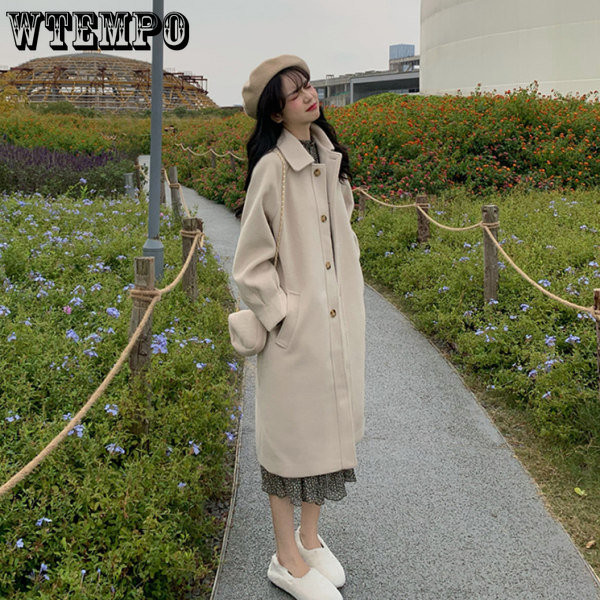 Vuneni kaput srednje dužine Ženski jednoredni široki kaputi s kopčanjem Debeli topli top u jesen i zimu Femme ležerne vintage jakne