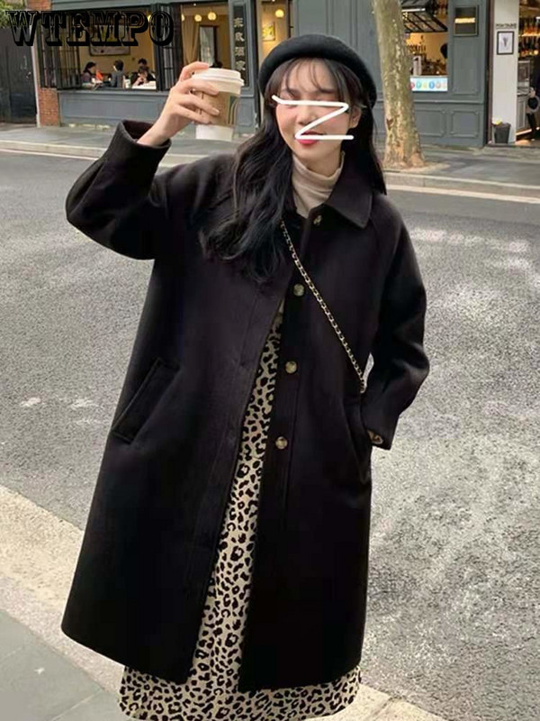 Vuneni kaput srednje dužine Ženski jednoredni široki kaputi s kopčanjem Debeli topli top u jesen i zimu Femme ležerne vintage jakne