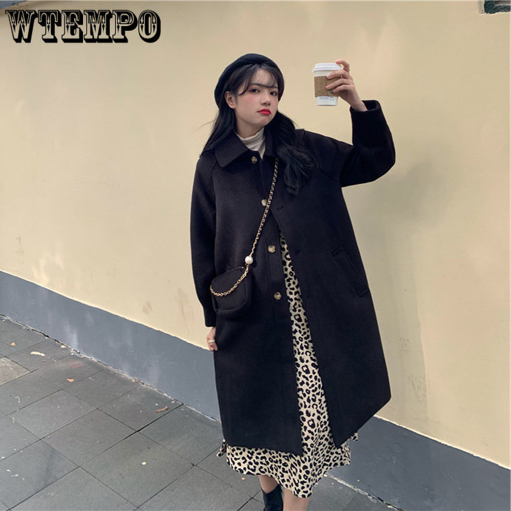 Vuneni kaput srednje dužine Ženski jednoredni široki kaputi s kopčanjem Debeli topli top u jesen i zimu Femme ležerne vintage jakne