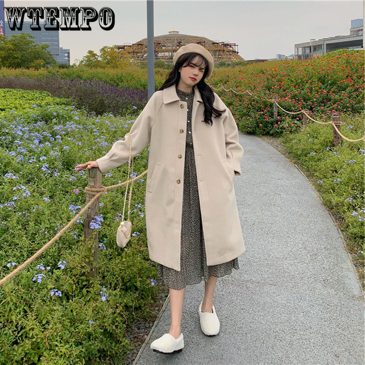 Vuneni kaput srednje dužine Ženski jednoredni široki kaputi s kopčanjem Debeli topli top u jesen i zimu Femme ležerne vintage jakne