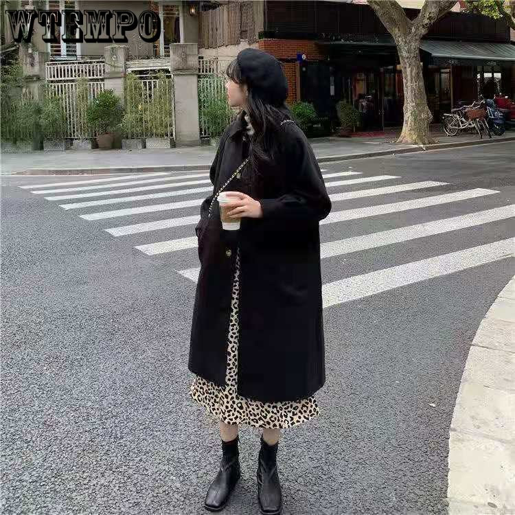 Vuneni kaput srednje dužine Ženski jednoredni široki kaputi s kopčanjem Debeli topli top u jesen i zimu Femme ležerne vintage jakne