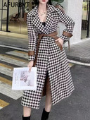 Korejski modni ženski dugi karirani vuneni kaput Jesen Zima Ležerna labava, elegantna jakna s trakom Ženski šik starinski kaput