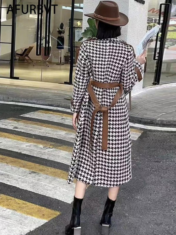 Korejski modni ženski dugi karirani vuneni kaput Jesen Zima Ležerna labava, elegantna jakna s trakom Ženski šik starinski kaput