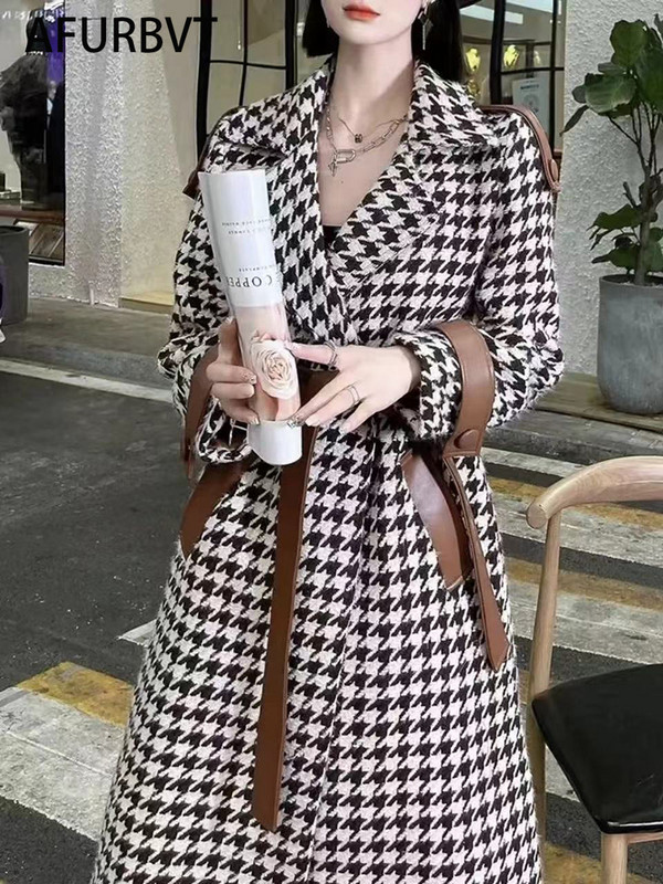 Korejski modni ženski dugi karirani vuneni kaput Jesen Zima Ležerna labava, elegantna jakna s trakom Ženski šik starinski kaput