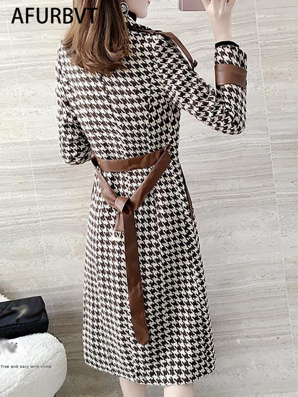 Korejski modni ženski dugi karirani vuneni kaput Jesen Zima Ležerna labava, elegantna jakna s trakom Ženski šik starinski kaput