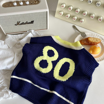 Dječji prsluk Proljeće 2023. Novi digitalni prsluk kontrasta boja Dječaci Djevojčice Pleteni prsluk bez rukava s V-izrezom