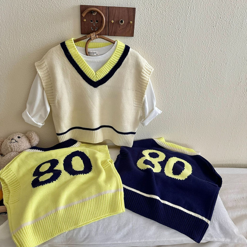 Dječji prsluk Proljeće 2023. Novi digitalni prsluk kontrasta boja Dječaci Djevojčice Pleteni prsluk bez rukava s V-izrezom