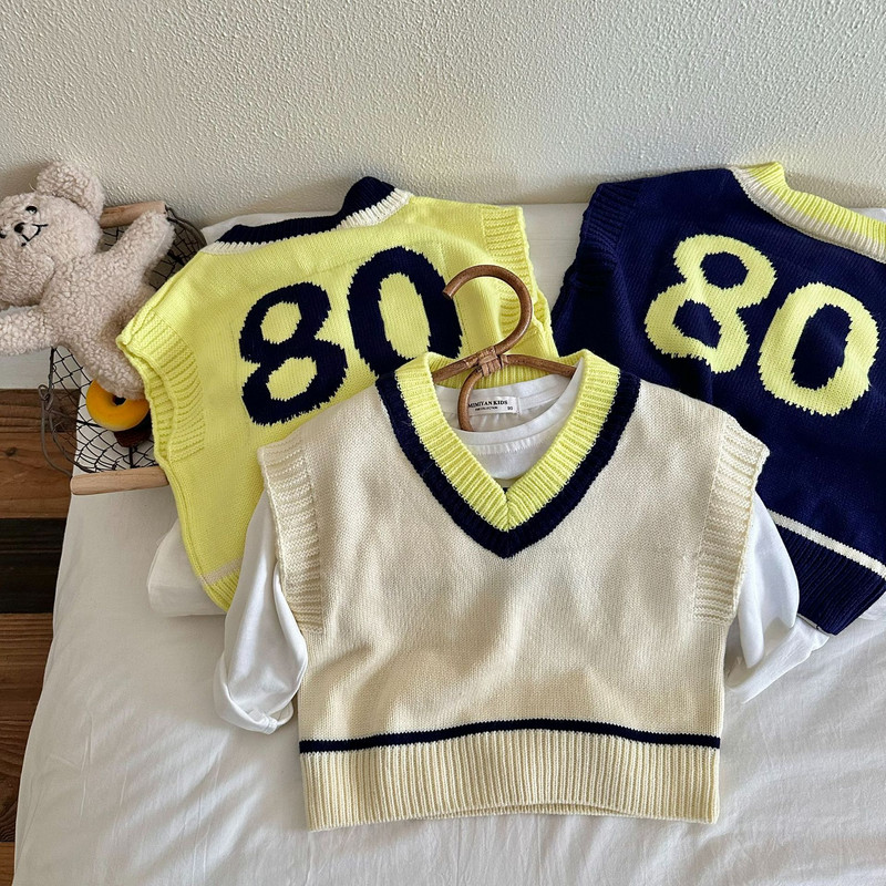 Dječji prsluk Proljeće 2023. Novi digitalni prsluk kontrasta boja Dječaci Djevojčice Pleteni prsluk bez rukava s V-izrezom