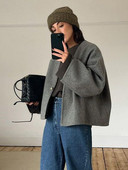 Mākslīgās vilnas mētelis Sieviešu pelēks rudens ziemas ražas mētelis Sieviešu eleganta modes jaka ar garām piedurknēm Sieviešu ikdienas brīvi mēteļi ar V veida kakla izgriezumu