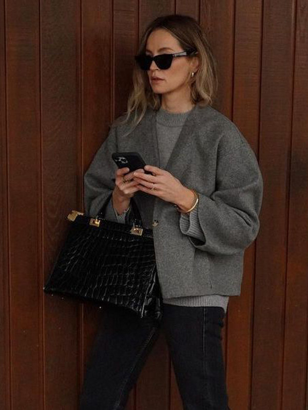 Mākslīgās vilnas mētelis Sieviešu pelēks rudens ziemas ražas mētelis Sieviešu eleganta modes jaka ar garām piedurknēm Sieviešu ikdienas brīvi mēteļi ar V veida kakla izgriezumu