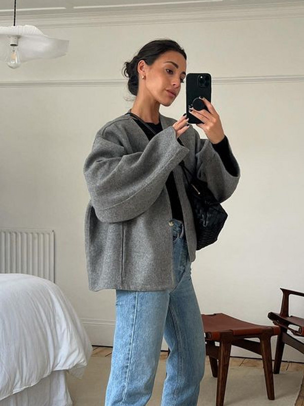 Mākslīgās vilnas mētelis Sieviešu pelēks rudens ziemas ražas mētelis Sieviešu eleganta modes jaka ar garām piedurknēm Sieviešu ikdienas brīvi mēteļi ar V veida kakla izgriezumu