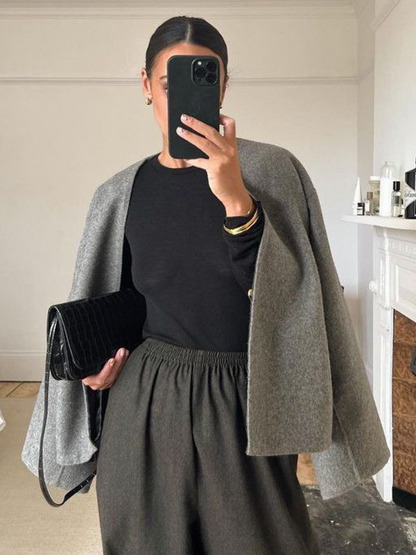 Mākslīgās vilnas mētelis Sieviešu pelēks rudens ziemas ražas mētelis Sieviešu eleganta modes jaka ar garām piedurknēm Sieviešu ikdienas brīvi mēteļi ar V veida kakla izgriezumu