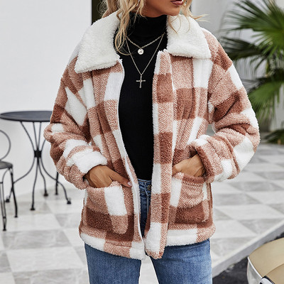 Modne ženske jakne Termo kaput za zimu Karirani uzorci s patentnim zatvaračem Flis kaput s džepovima Ulična odjeća