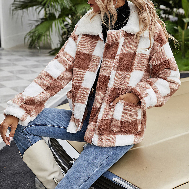 Modne ženske jakne Termo kaput za zimu Karirani uzorci s patentnim zatvaračem Flis kaput s džepovima Ulična odjeća