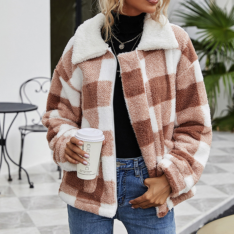 Modne ženske jakne Termo kaput za zimu Karirani uzorci s patentnim zatvaračem Flis kaput s džepovima Ulična odjeća