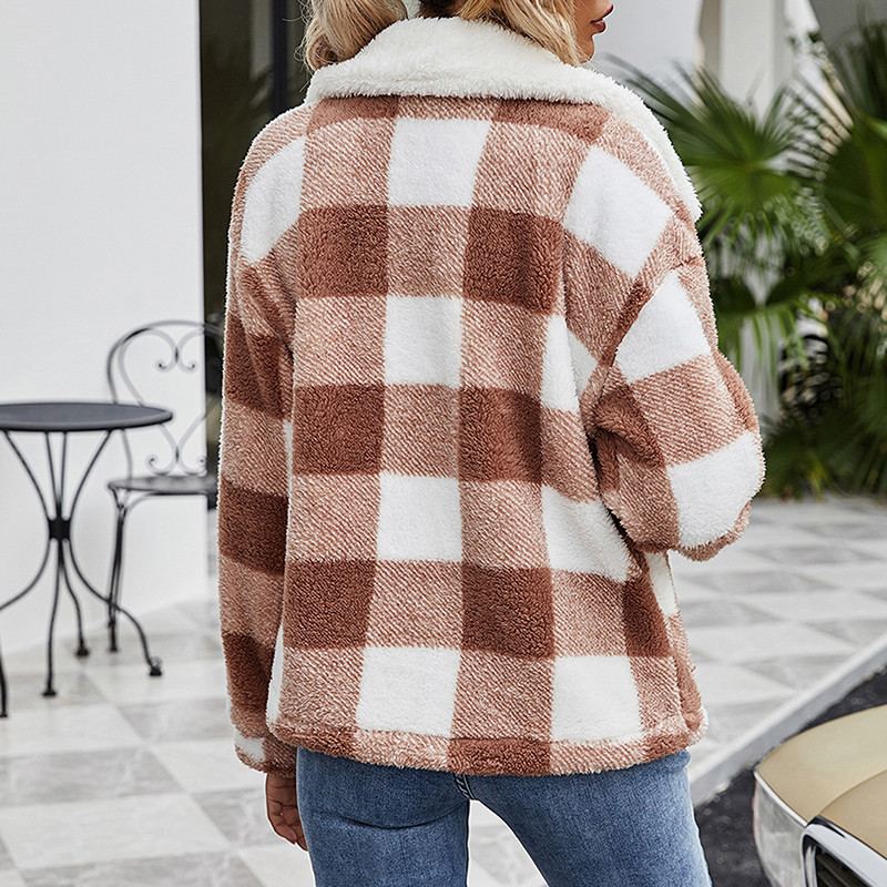 Modne ženske jakne Termo kaput za zimu Karirani uzorci s patentnim zatvaračem Flis kaput s džepovima Ulična odjeća