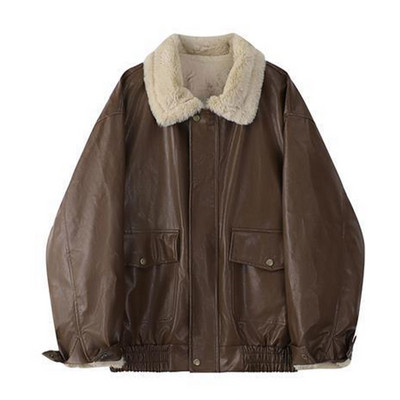 Kožna deblja jakna Ženska pahuljasta ovratnica s otvorenim ovratnikom Ženski kaput s dugim rukavima 2023. Jesen Zima Ulična široka odjeća za moto bicikliste