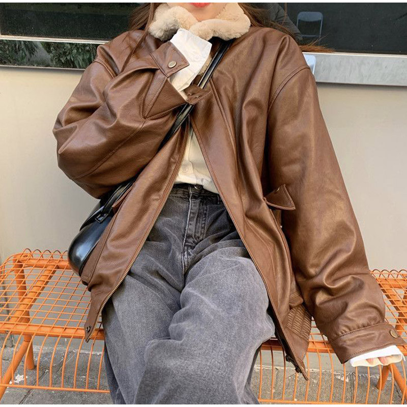 Kožna deblja jakna Ženska pahuljasta ovratnica s otvorenim ovratnikom Ženski kaput s dugim rukavima 2023. Jesen Zima Ulična široka odjeća za moto bicikliste