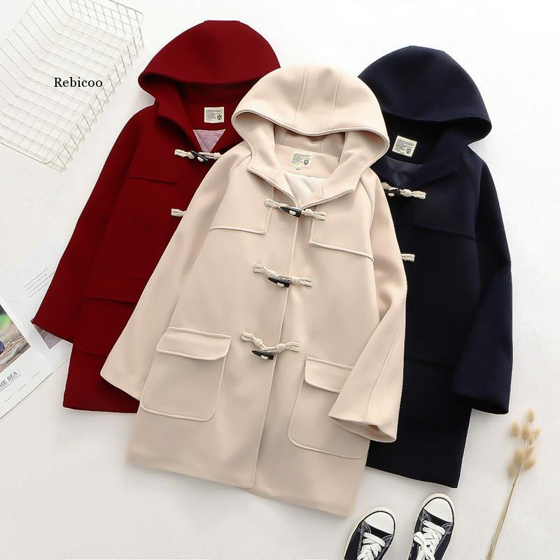 Sieviešu garās vilnas maisījumi 2023. gada ziemas brīvs, silts mētelis vilnas mēteļi ar kapuci Biroja darba apģērbi, ar ragu pogu, elegants mētelis