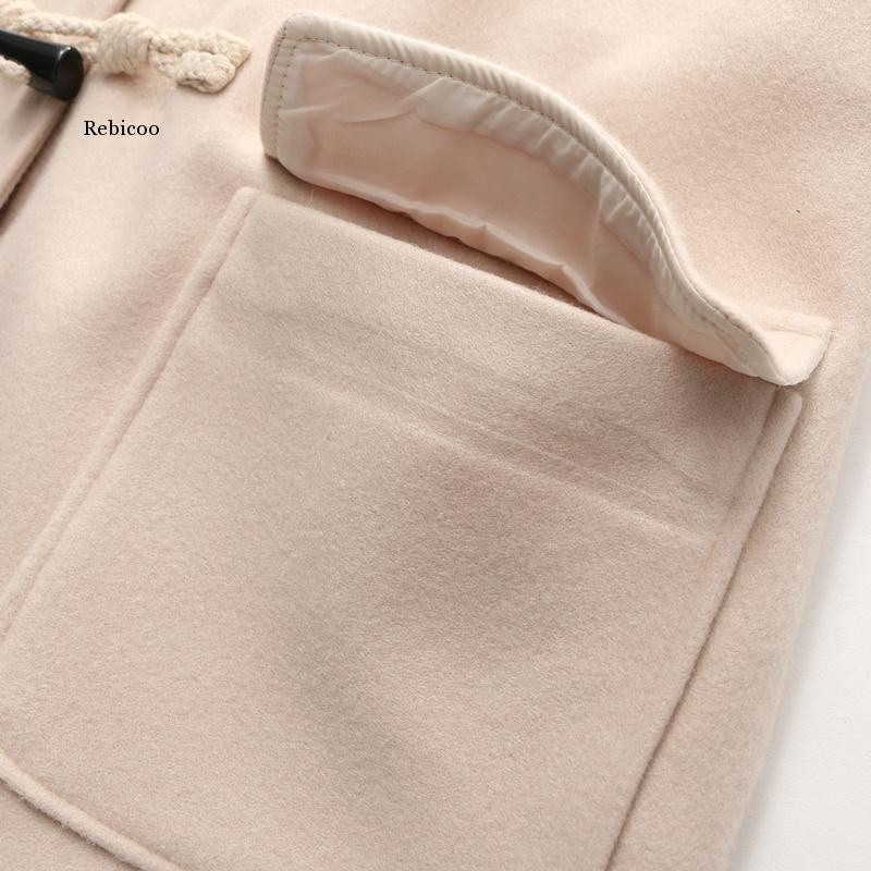 Sieviešu garās vilnas maisījumi 2023. gada ziemas brīvs, silts mētelis vilnas mēteļi ar kapuci Biroja darba apģērbi, ar ragu pogu, elegants mētelis