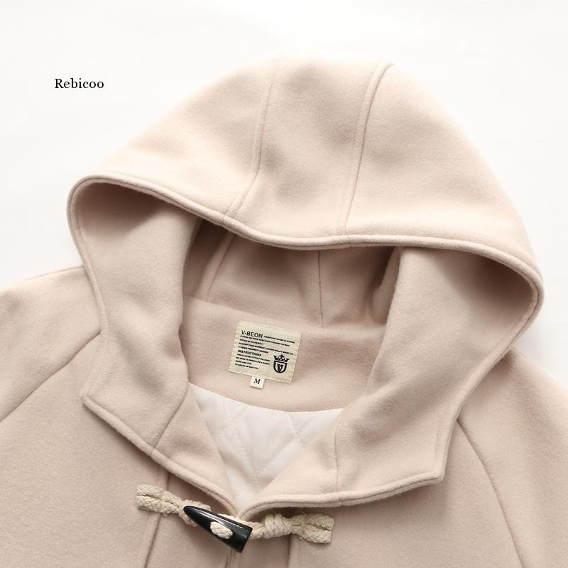 Sieviešu garās vilnas maisījumi 2023. gada ziemas brīvs, silts mētelis vilnas mēteļi ar kapuci Biroja darba apģērbi, ar ragu pogu, elegants mētelis