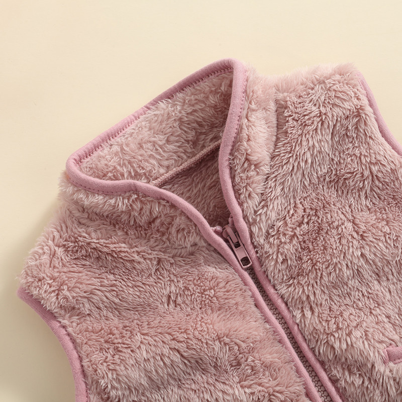 Lioraitiin 1-5 Yeasr Toddler Baby Girl Zīdaiņu plīša veste bez piedurknēm, Vienkrāsaina bērnu virsdrēbes ar V veida kakla rāvējslēdzēju un kabatām