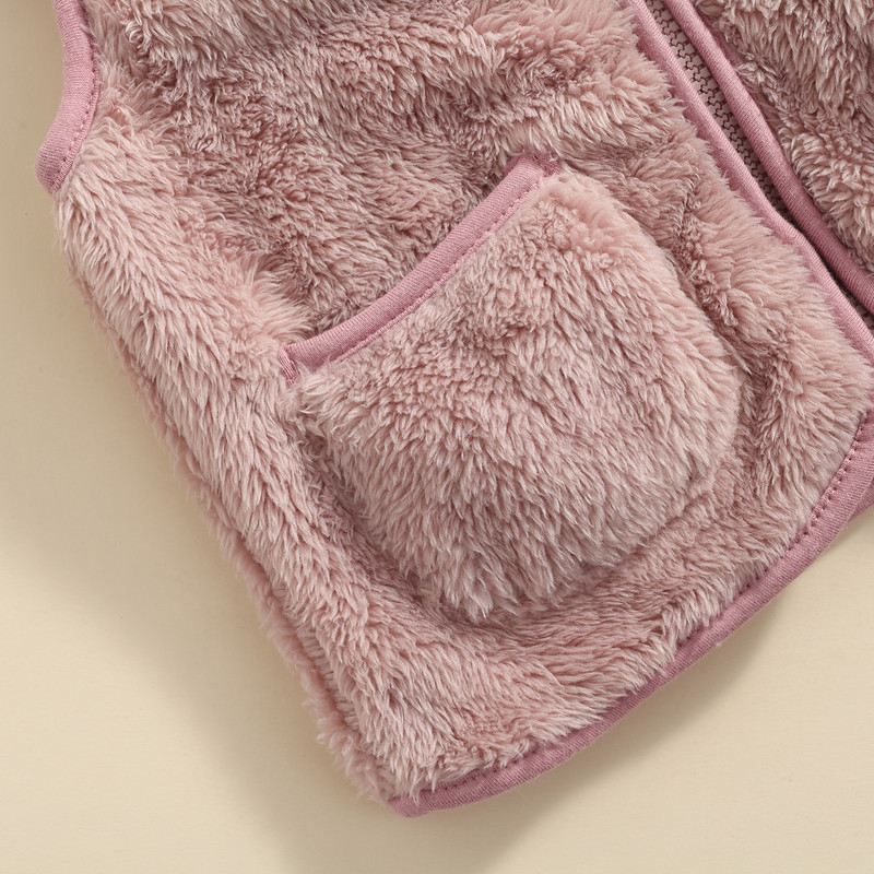 Lioraitiin 1-5 Yeasr Toddler Baby Girl Zīdaiņu plīša veste bez piedurknēm, Vienkrāsaina bērnu virsdrēbes ar V veida kakla rāvējslēdzēju un kabatām