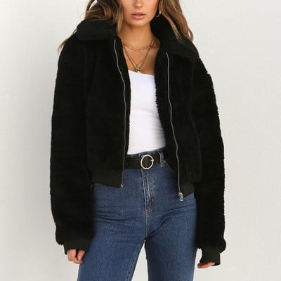 Jachetă cu fermoar pentru femei, toamnă iarnă, caldă, îngroșată, cu ursuleț de pluș artificial, haine pentru damă, haine solide.