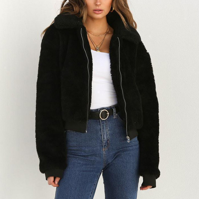Jachetă cu fermoar pentru femei, toamnă iarnă, caldă, îngroșată, cu ursuleț de pluș artificial, haine pentru damă, haine solide.