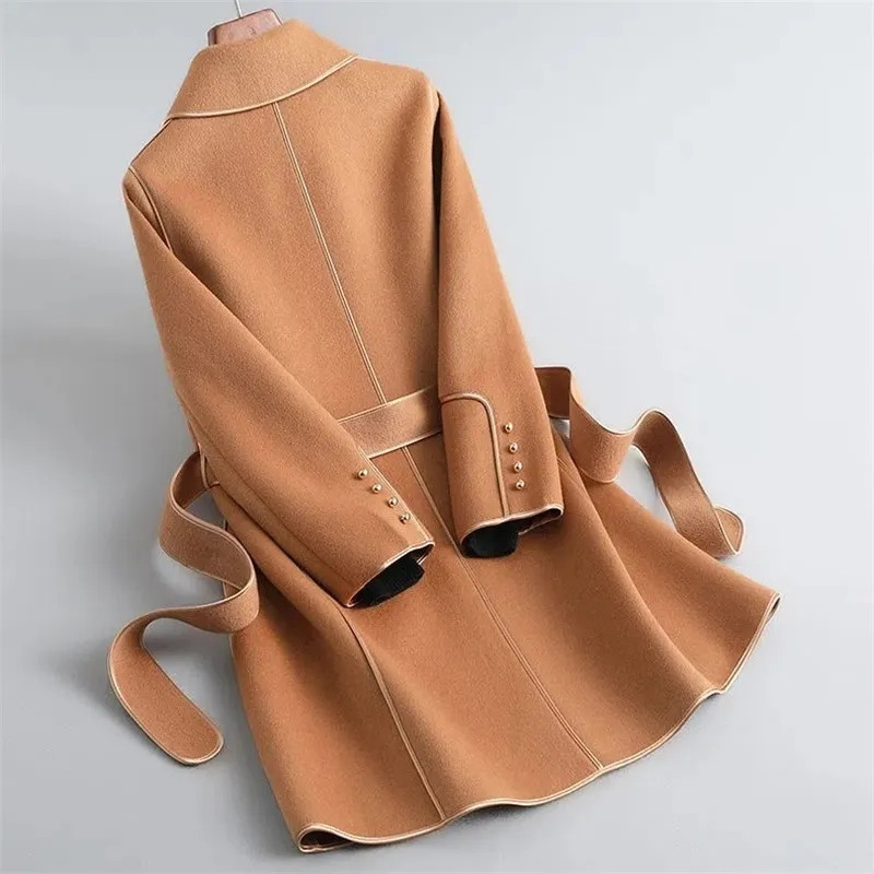 Novi starinski vuneni kaput na vezanje za 2023. Vunena jakna srednje dužine Crni uski ženski dugi kaput jesen-zima Vrhunski kaput od kašmira